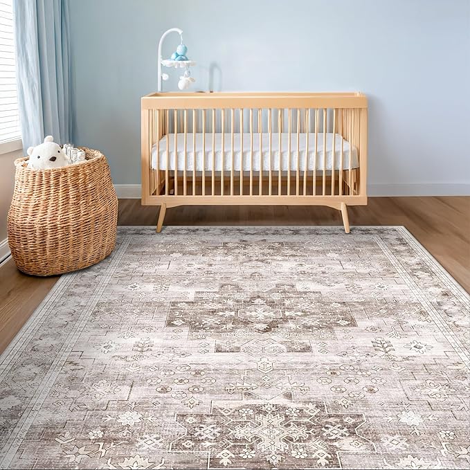 Washable Neutral Farmhouse Living Room Rug, 5x8 Area Rugs - Image 4