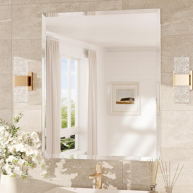 TokeShimi 30x36 Beveled Bathroom Mirror Frameless, Rectangle Bathroom Vanity by RefinedBathroomAccessories