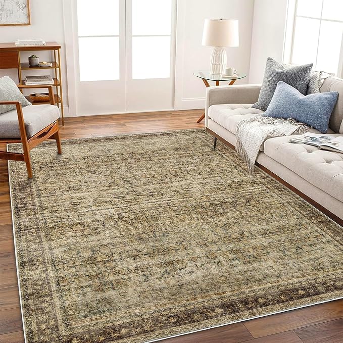 Area Rug 8x10 Washable Rug Brown Vintage Traditional Mat Distressed Indoor - Image 2