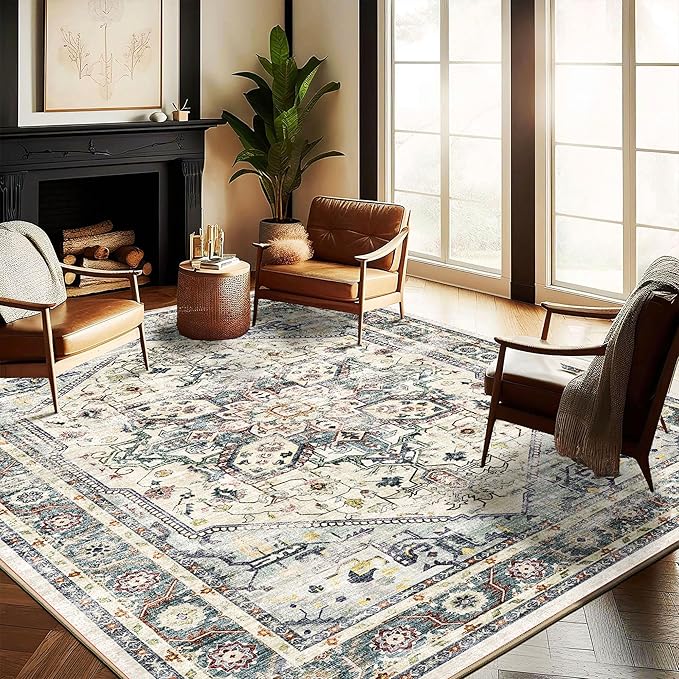 Washable Area Rug 8'x10' Cyan Khaki Retro Boho Design Non-Shedding Non-Slip by CHAMPLANT