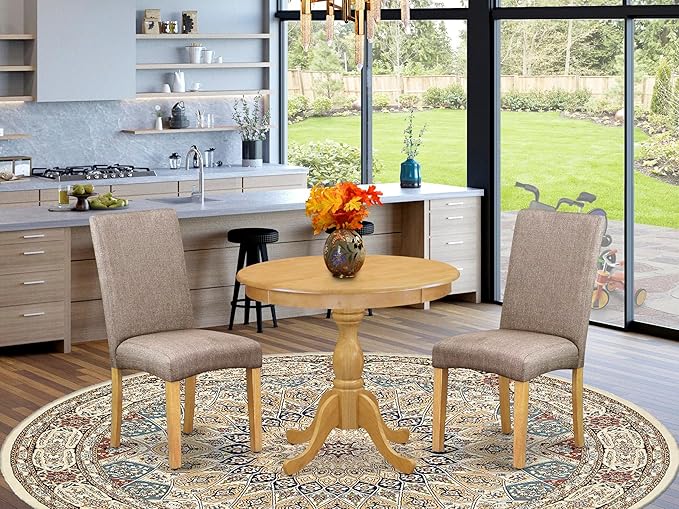 East West Furniture AMDR3-OAK-16 3 Piece Dining Room Table Set Contains a Round - Image 2
