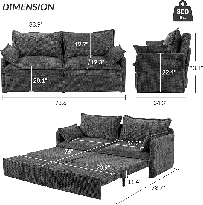 Furnimart 73.6" King Size Pull Out Sofa Bed, 3 in 1 Convertible Sleeper Bed - Image 2