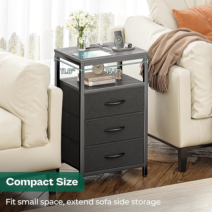 Huuger Nightstand with Charging Station, 27.6 Inch End Table Bedside Table with - Image 6