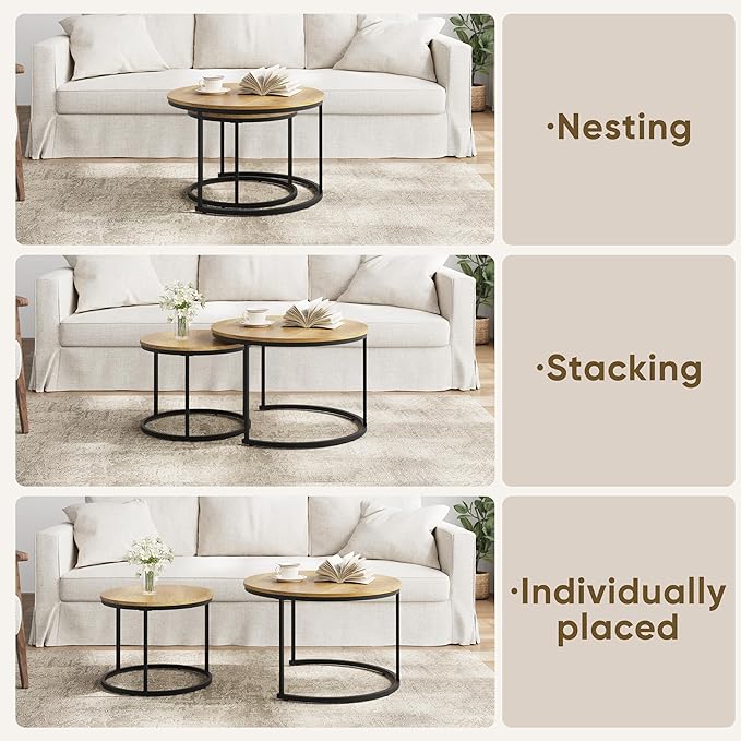 Smuxee Nesting Coffee Table Set of 2, 27.6" Round Coffee Table Wood Grain Top - Image 6