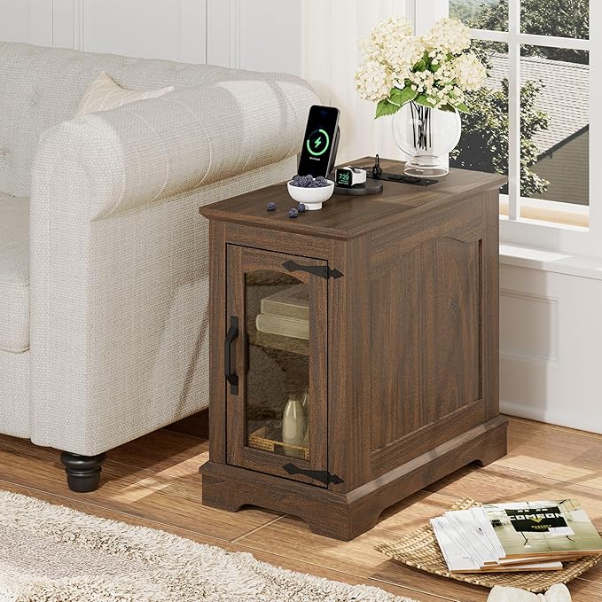 Narrow End Table with Storage, Farmhouse Side Table with Power Outlets & USB - Image 5