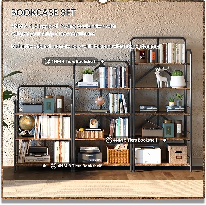 4NM No Assembly Folding Bookshelf 5 Tiers Vintage Industrial Black Book Shelf - Image 7