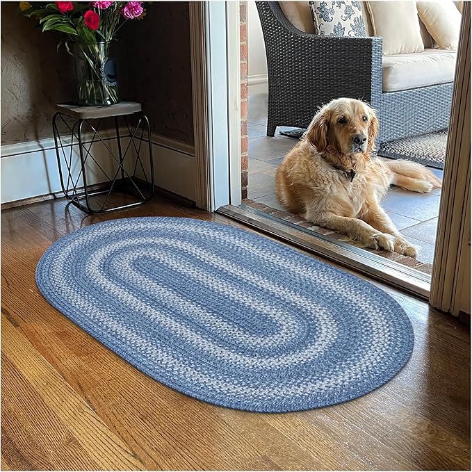 Homespice 20x30” Blue Oval Braided Rug. Denim Blue and White Jute Oval Rug. - Image 9