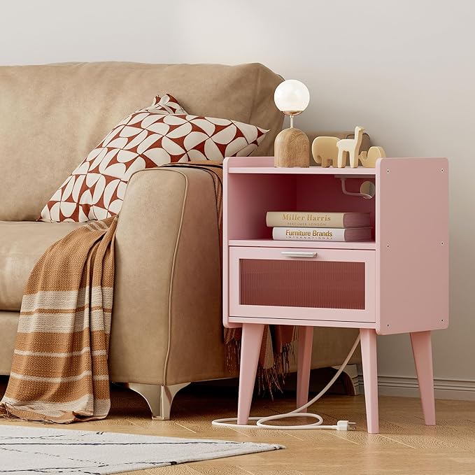 Nightstand with Charging Station, Bedside Tables Pink End Table Side Table with - Image 4