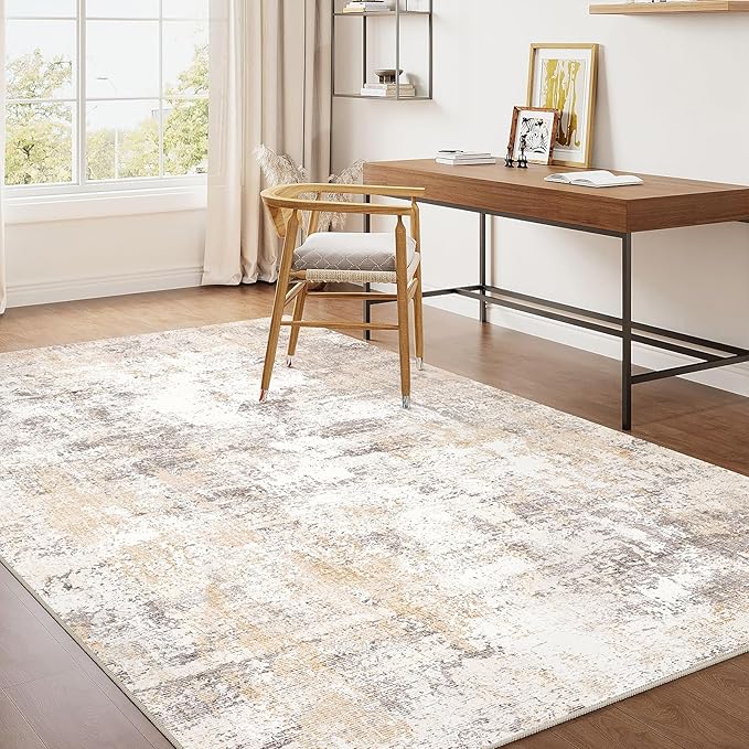 3x4 Washable Area Rug Beige Grey Neutral Abstract Entryway Kitchen Non Slip Low by WondRg