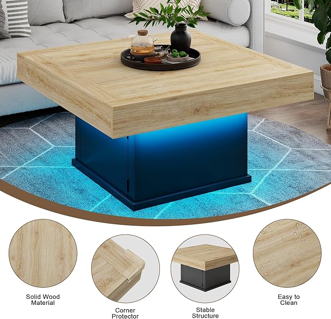 LED Coffee Tables for Living Room, Farmhouse Wood Coffee Table, 33.5" Square - Image 5
