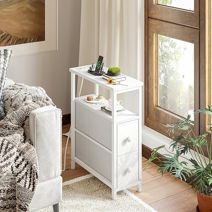 TIQLAB End Table with Charging Station, Narrow Side Table with 2 Fabric Drawers - Image 2