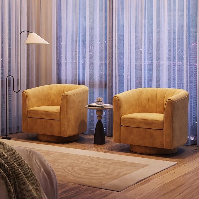 LINSY Swivel Accent Chair with Ottoman: Small Velvet Barrel Chair 360 Swivel - Image 7
