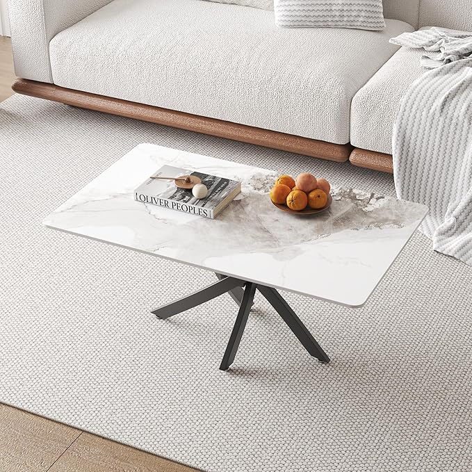 White Marble Coffee Table with Metal Legs, Rectangle Modern Sintered Stone - Image 3