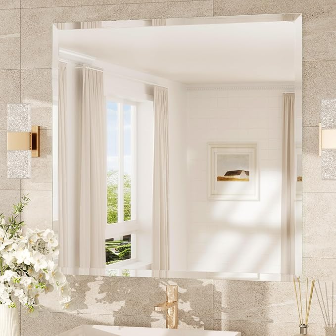 TokeShimi 36x36 Beveled Mirror Frameless Tempered, Rectangle Bathroom Mirror by RefinedBathroomAccessories