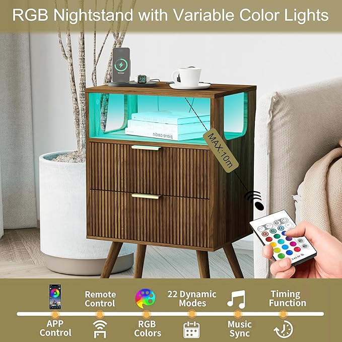 Nightstand with Charging Station and LED Lights, Modern Bedside Table with 2 - Image 5