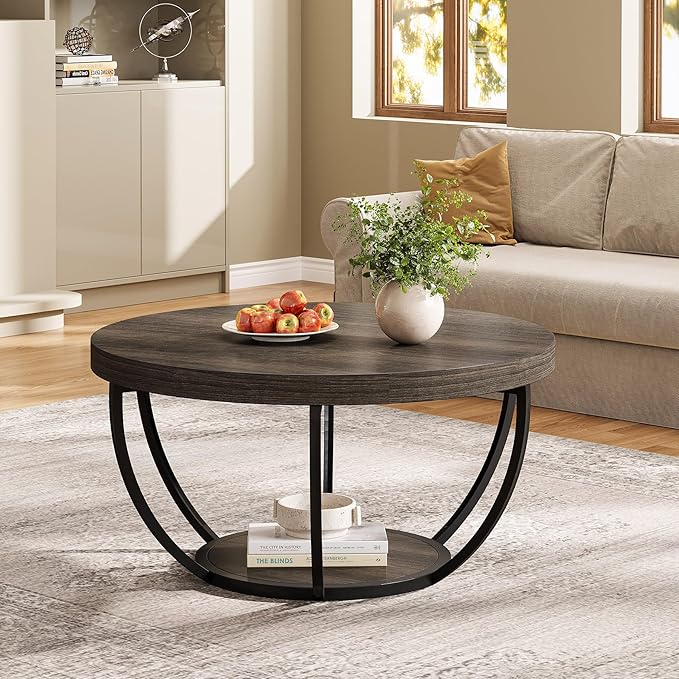 Tribesigns Round Coffee Table, 31.7" Wooden 2-Tier Circle Coffee Table - Image 4