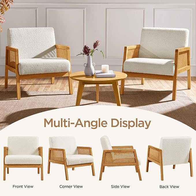 Yaheetech Boucle Fabric Accent Chair, Vintage Rattan Vanity Chair - Image 9
