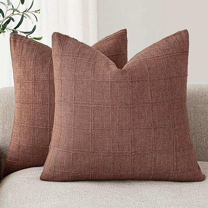Foindtower Set of 2 Decorative Linen Check Throw Pillow Covers Neutral by Foindtower