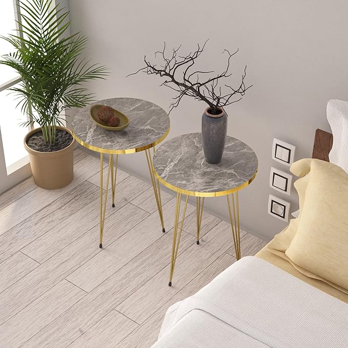 PAK HOME - Set of 2 End Table - High Gloss Shiny Grey Marble Look Round Wood by PAKHOME