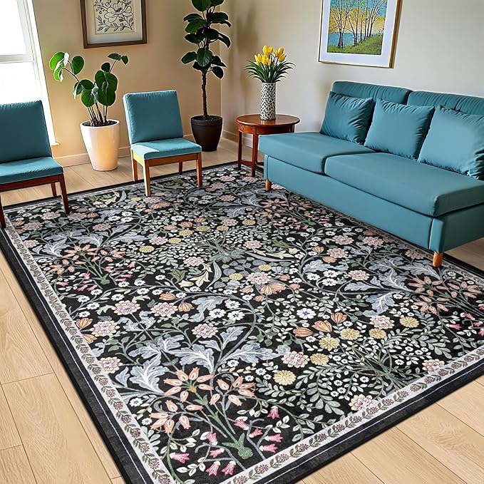 10x12 Area Rugs for Living Room: Floral Washable Rug Vintage Large Soft Boho - Image 2