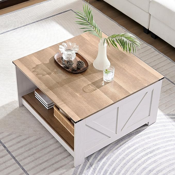 Farmhouse Coffee Table for Living Room, Wood Square Coffee Tables, 31.5" D x - Image 3