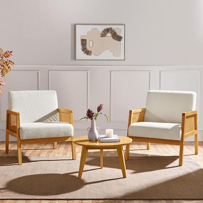 Yaheetech Boucle Fabric Accent Chair, Vintage Rattan Vanity Chair - Image 5