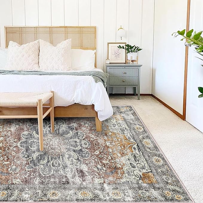 Area Rug 4x6 Washable Rug Taupe Vintage Traditional Floor Cover Foldable Thin - Image 2