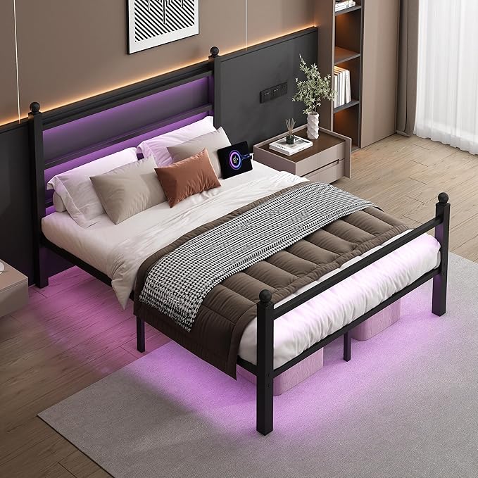 Full Size Bed Frame with Headboard and Footboard, Steel Slats Support-LED Bed - Image 5