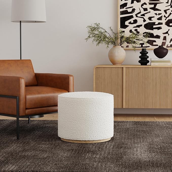 Bouclé Ottoman with Wooden Base – 22” Round Upholstered Footrest, Cream - Image 2