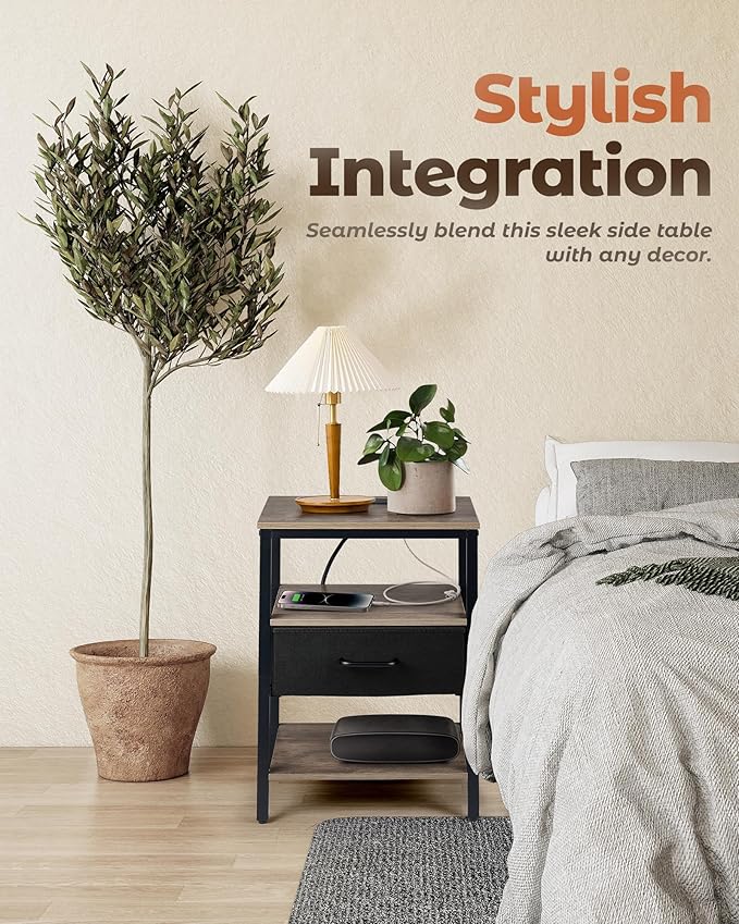 Nightstand with Charging Station, Bed Side Table with Fabric Drawer, 3-Tier - Image 3