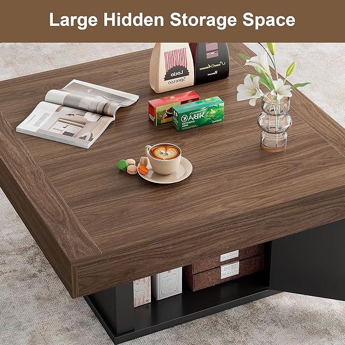 LED Coffee Tables for Living Room, Farmhouse Wood Coffee Table, 33.5" Square - Image 5