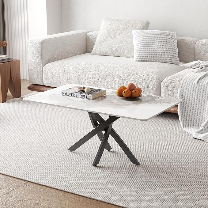 White Marble Coffee Table with Metal Legs, Rectangle Modern Sintered Stone by NIERN