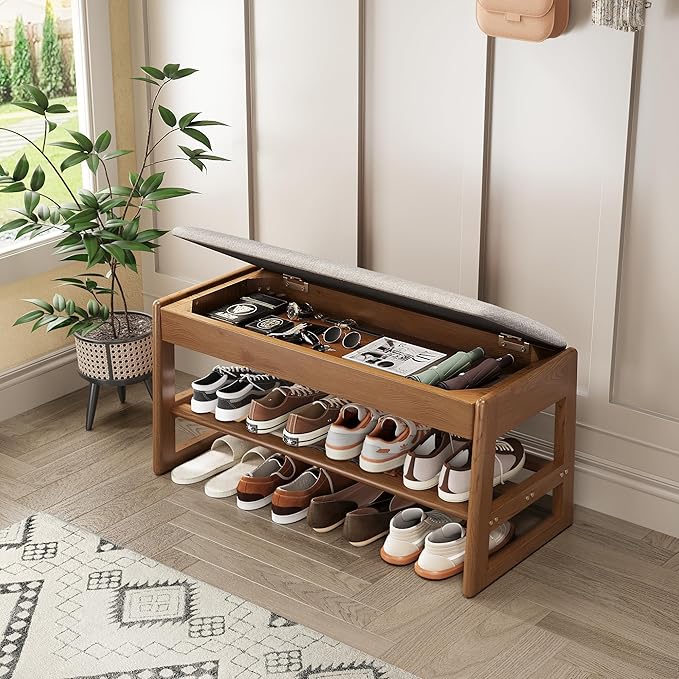 Shoe Rack Bench with Cotton-Linen Cushion 2-Tier Wooden Storage Bench 550lbs by IUNVR