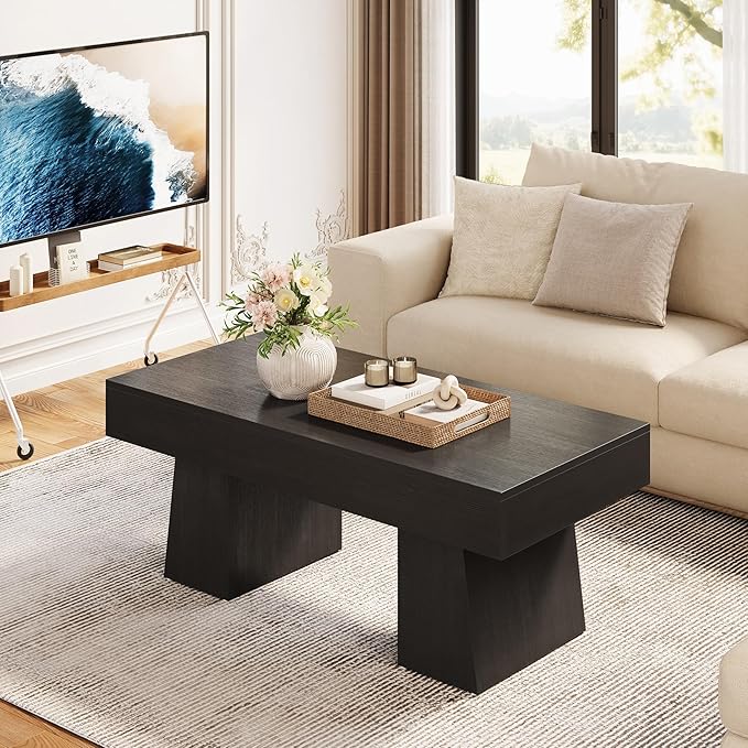 LITTLE TREE Farmhouse Coffee Table, 47 Inches Wooden Rectangular Accent Center - Image 3