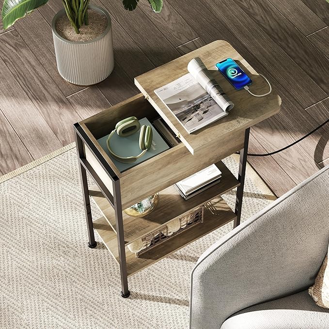 WLIVE End Table with Charging Station, Flip Top Side Table with Storage Shelf - Image 5