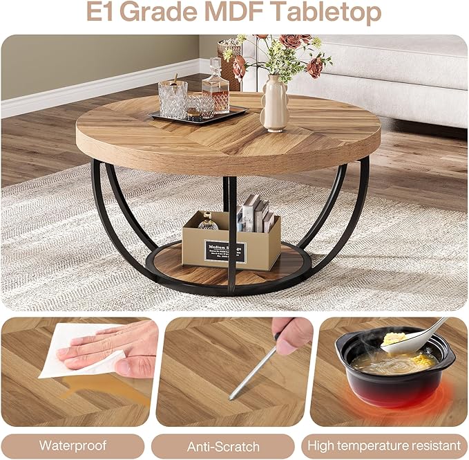 Tribesigns 31.7" Round Industrial Coffee Table - Image 7