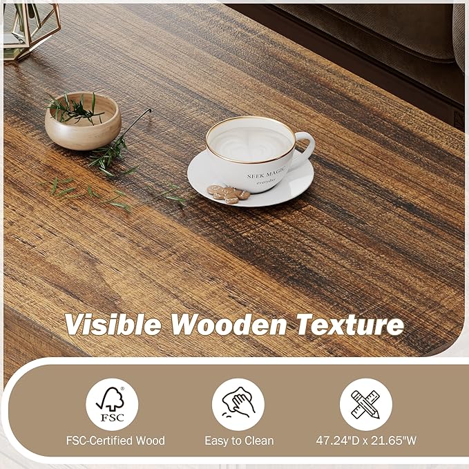 Rustic Coffee Table with Drawers 47 inch Living Room Tables with Storage - Image 4