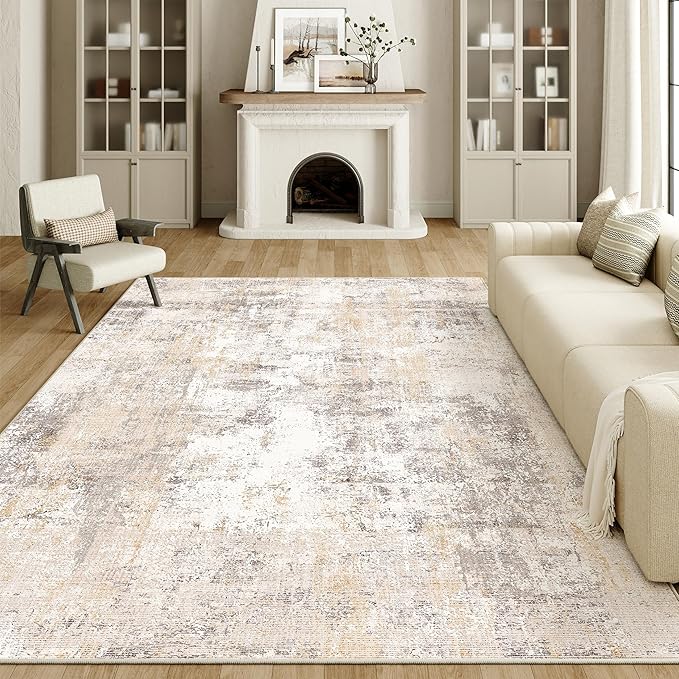 10x12 Washable Area Rug Beige Grey Neutral Abstract Living Room Bedroom Large by WondRg