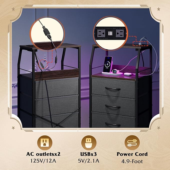 WLIVE Nightstand with Charging Station, Night Stand with LED Light, Tall 4 - Image 5