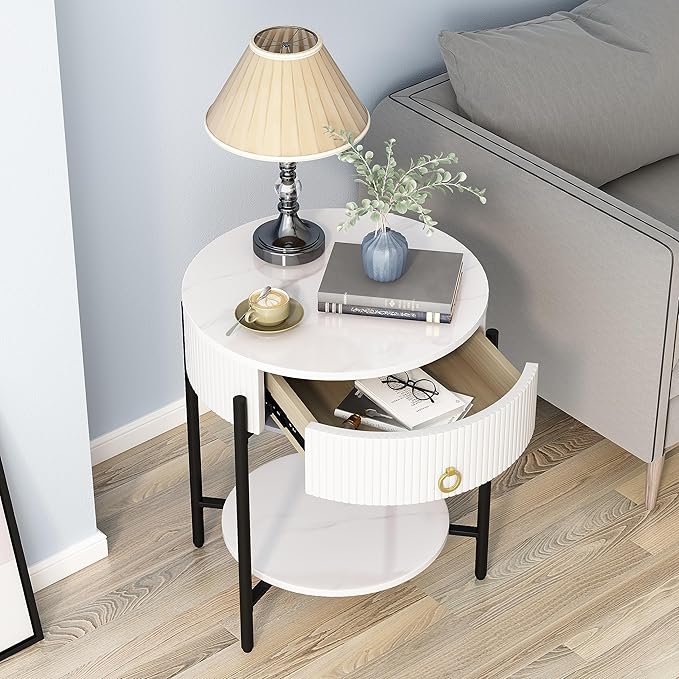 OIOG Round End Table with Drawer, Modern 2 Tier NightStand with Shelf, Small - Image 3