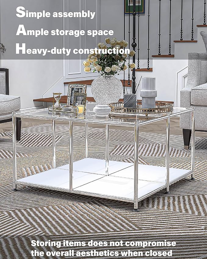 Matte Coffee Table with Open Storage, Square Tempered Glass Storage Rolling - Image 4