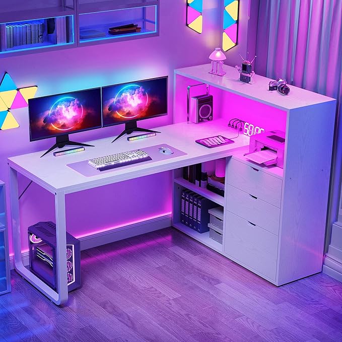 DWVO L Shaped Desk with Drawers, Home Office Desk with Storage Shelves by DWVO