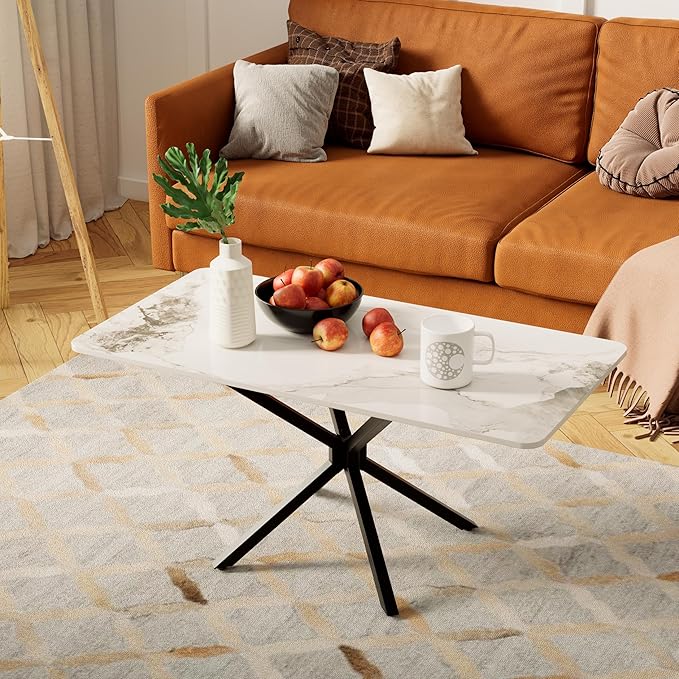 White Marble Coffee Table Modern Rectangular 40 Inch Living Room Table - Image 4