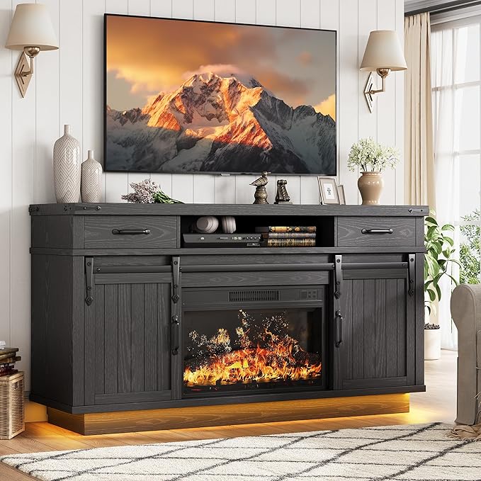 59'' Fireplace TV Stand with 3D Flame Electric Fireplace Heater, Entertainment by JOCOEVOL
