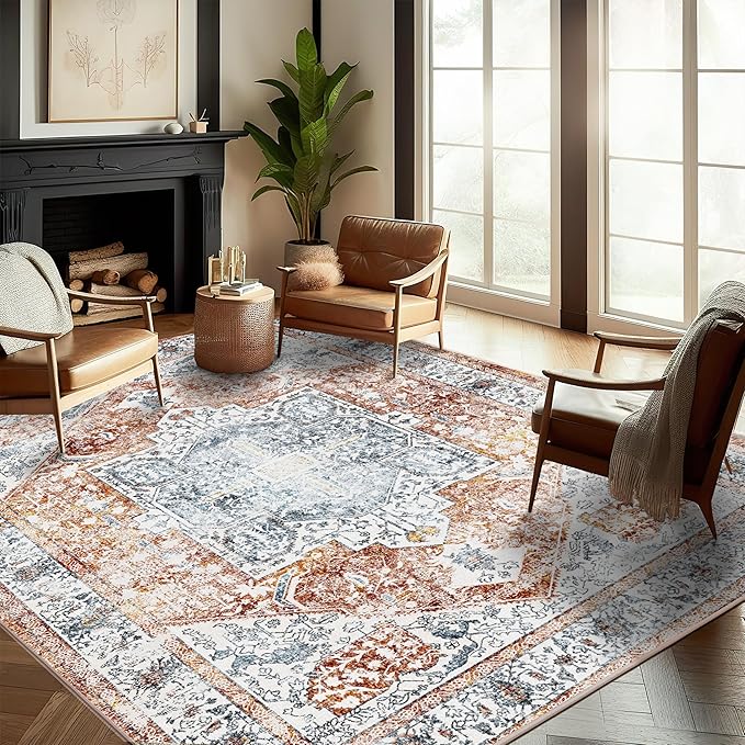 Area Rug 8x10 Washable Rug Tangerine Vintage Traditional Mat Distressed Indoor - Image 2