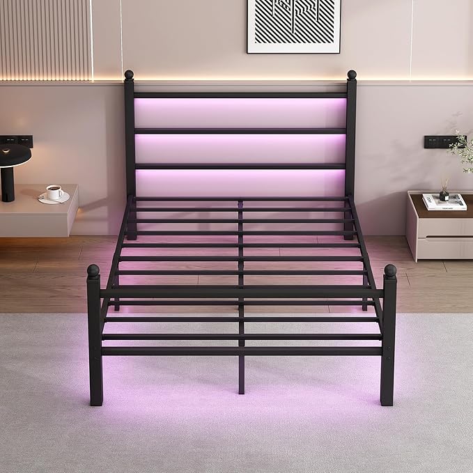 Full Size Bed Frame with Headboard and Footboard, Steel Slats Support-LED Bed - Image 3