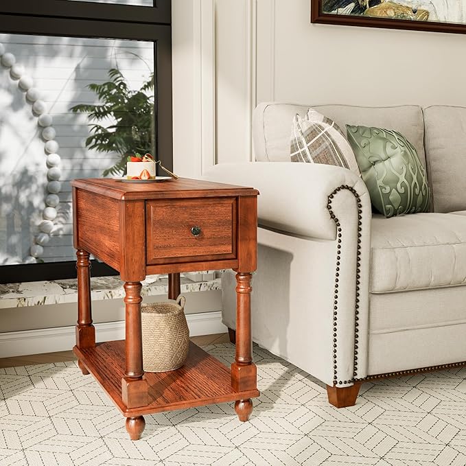 Narrow End Table with Drawer and Open Storage Shelf, Solid Wood Sofa Side Table - Image 4