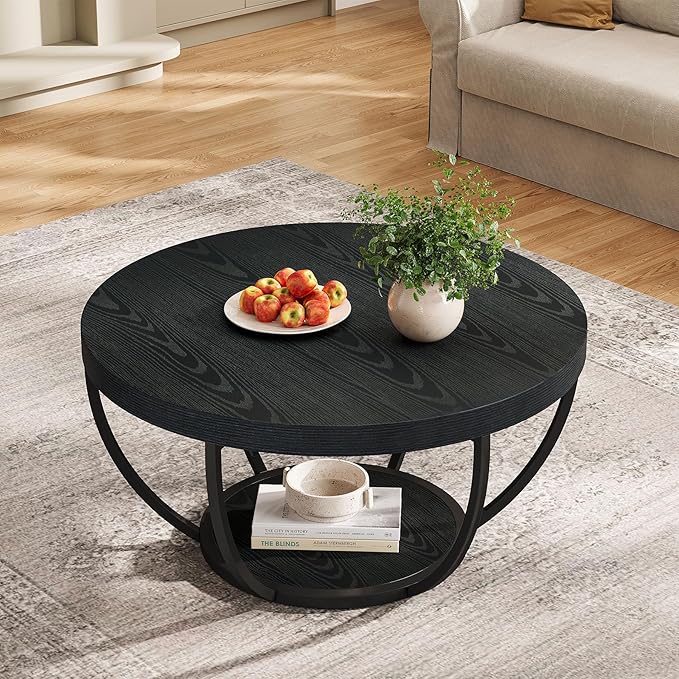 Tribesigns Black Round Coffee Table, 31.7" Modern 2-Tier Circle Coffee Table - Image 8