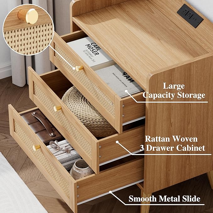 Rattan Nightstand with Charging Station, Night Stand with 3 Large Drawers - Image 9
