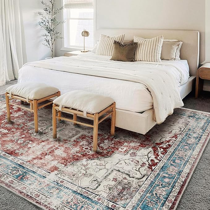 Washable Area Rug 10'x14' Red Blue Retro Flowers Boho Design Non-Shedding Easy - Image 2